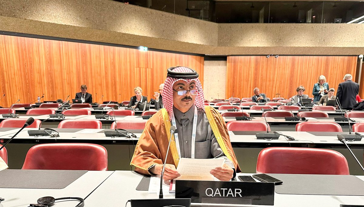 Shura Council member H E Dr. Sultan bin Hassan Al Dosari speaking during the meeting of the permanent committee on democracy and human rights of the Inter-Parliamentary Union in Geneva, yesterday.
