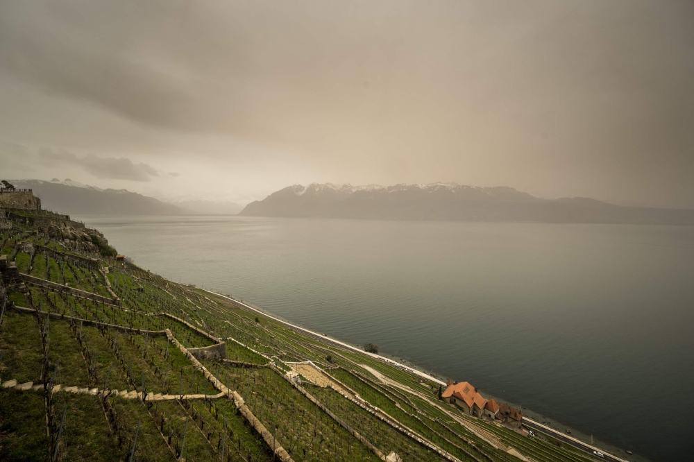 This photograph taken on March 30, 2024, shows thick sand dust blown in from the Sahara giving the sky a yellowish appearance above the vineyard terraces of Lavaux, on the banks of Lake Geneva, near Chexbres western Swizterland. (Photo by Fabrice Coffrini / AFP)