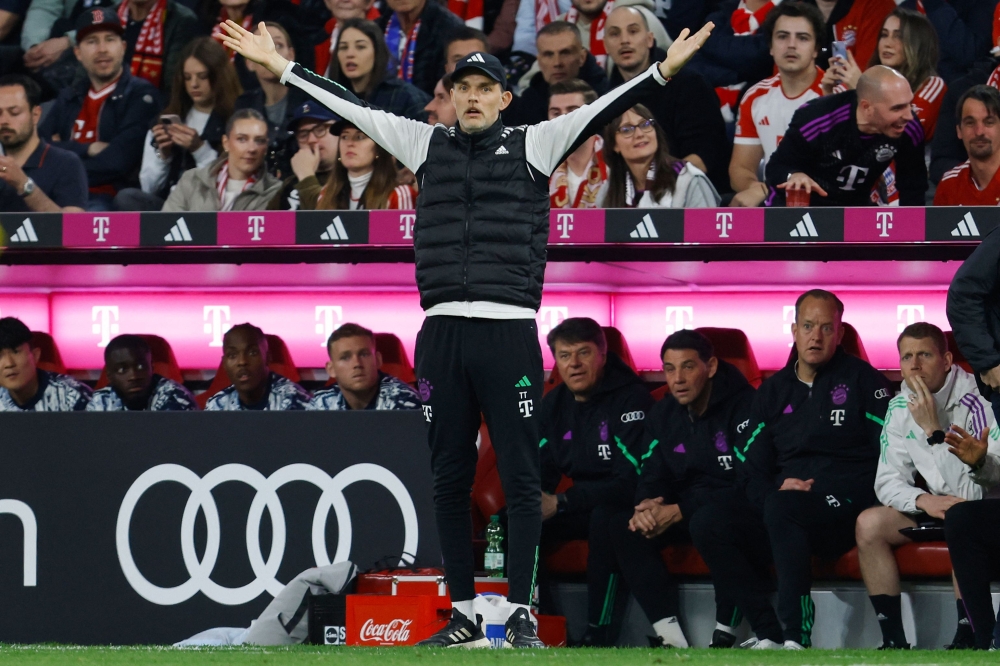 Bayern Munich's German head coach Thomas Tuchel reacts from the sidelines during the German first division Bundesliga football match FC Bayern Munich v BVB Borussia Dortmund in Munich, southern Germany on March 30, 2024 (Photo by ALEXANDRA BEIER / AFP)