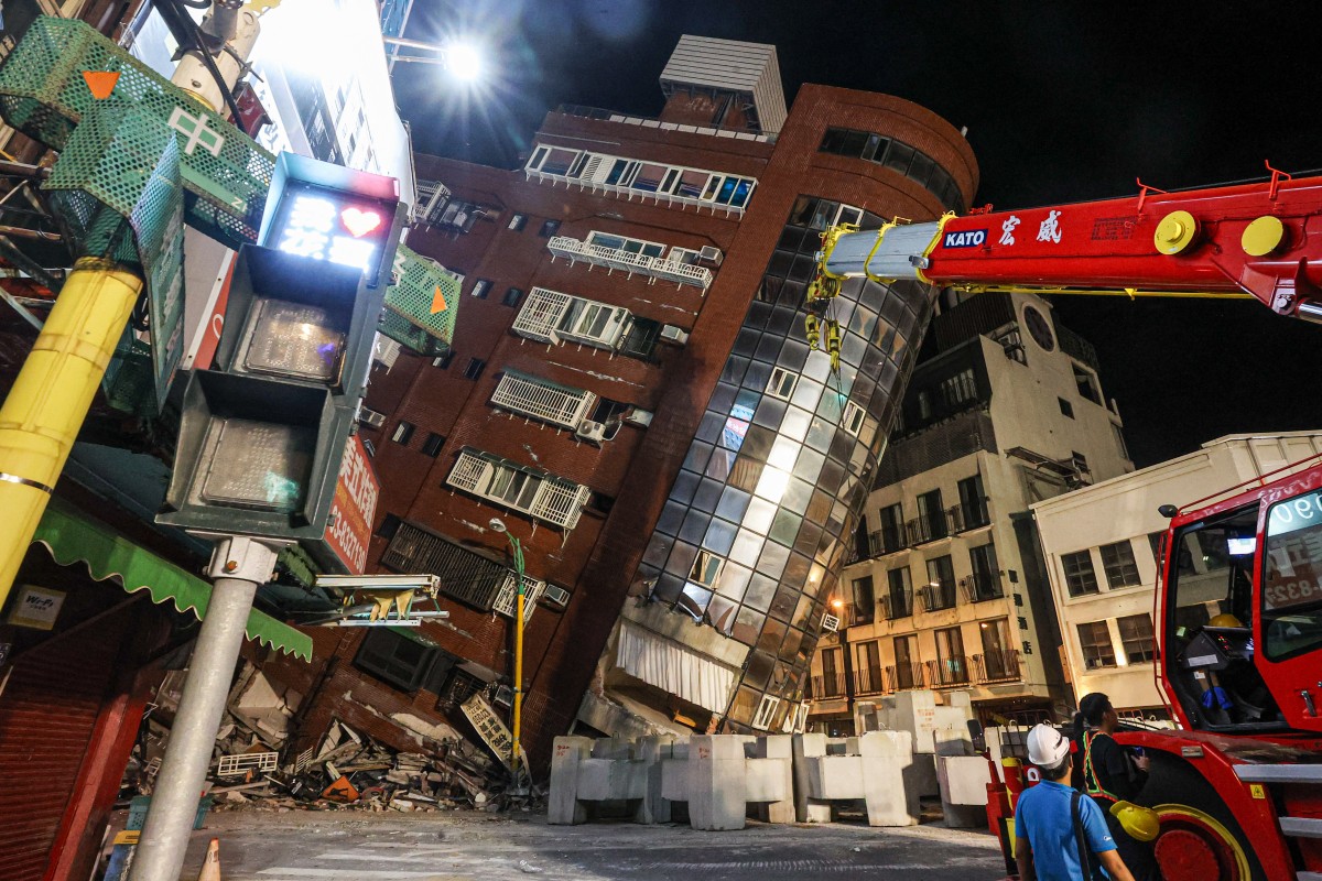 This photo taken by Taiwan's Central News Agency (CNA) on April 3, 2024 shows the damaged Uranus Building in Hualien, after a major earthquake hit Taiwan's east. Photo by CNA / AFP