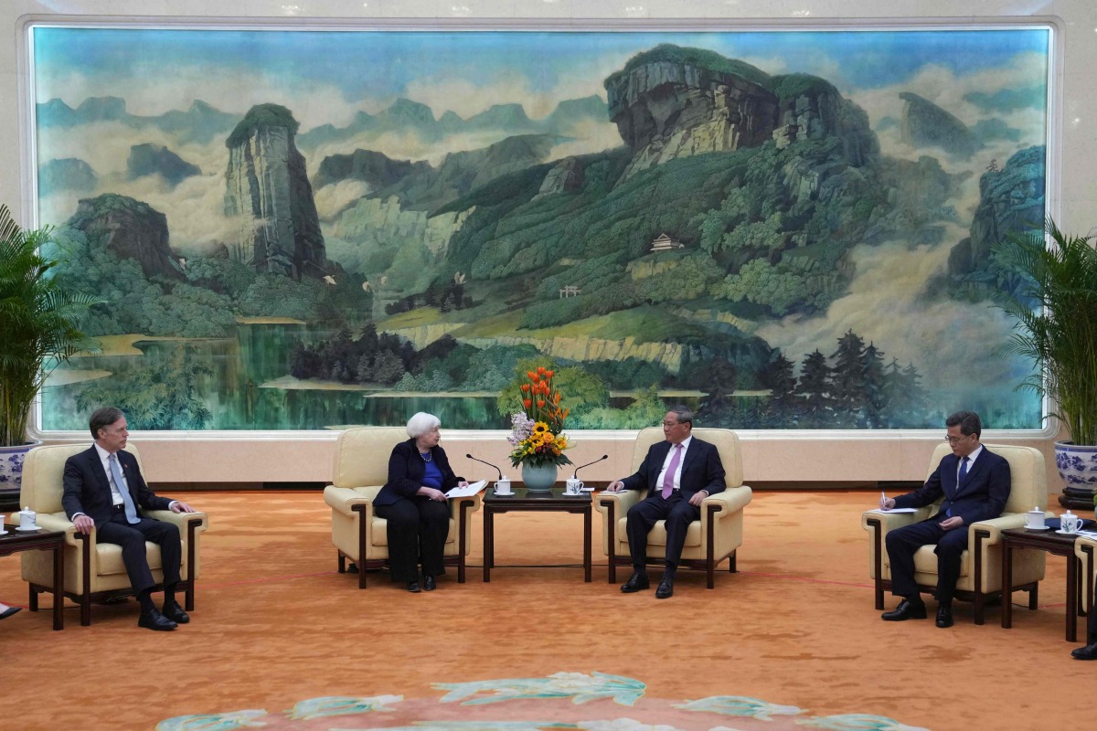 US Treasury Secretary Janet Yellen (centre L) meets with Chinese Premier Li Qiang (centre R) at the Great Hall of the People in Beijing on April 7, 2024.(Photo by Tatan Syuflana / POOL / AFP)
