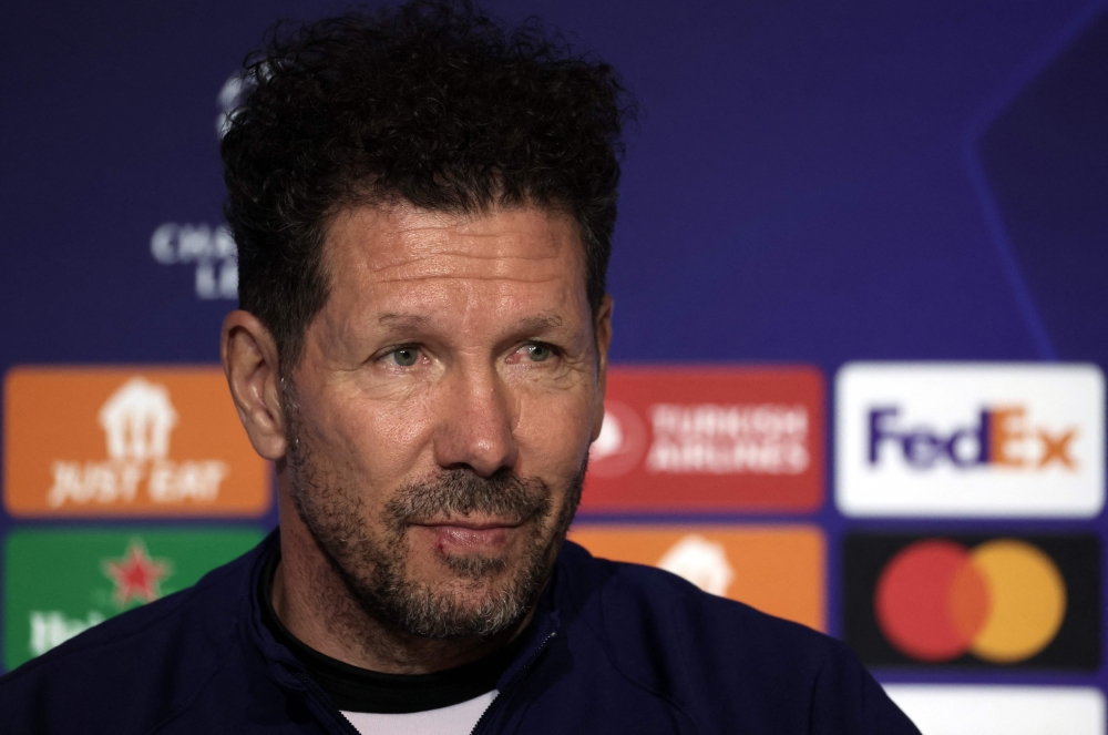 Atletico Madrid's Argentinian coach Diego Simeone gives a press conference on the eve of their UEFA Champions League quarter final first leg football match against Borussia Dortmund at the Metropolitano stadium in Madrid on April 9, 2024. (Photo by Thomas COEX / AFP)