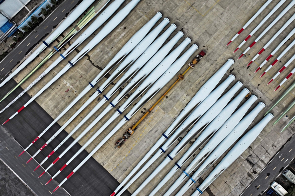 Aerial photo taken on April 8, 2024 shows turbine blades at a factory in Yangzhou, in eastern China's Jiangsu province. Photo by AFP.