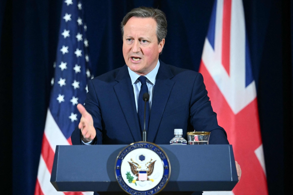 British Foreign Secretary David Cameron speaks during a joint press conference with US Secretary of State Antony Blinken at the State Department in Washington, DC, on April 9, 2024. (Photo by Mandel Ngan / AFP)
