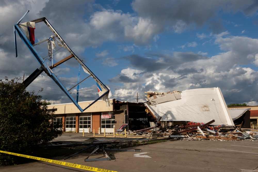 A strip mall is damaged by tornado in Katy, a suburb city near Houston, Texas, the United States, April 10, 2024. Photo by Chen Chen/Xinhua.