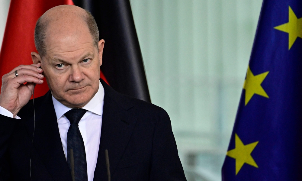 German Chancellor Olaf Scholz and Georgia's Prime Minister (not in picture) give a joint press conference on April 12, 2024 at the Chancellery in Berlin. (Photo by Tobias SCHWARZ / AFP)
