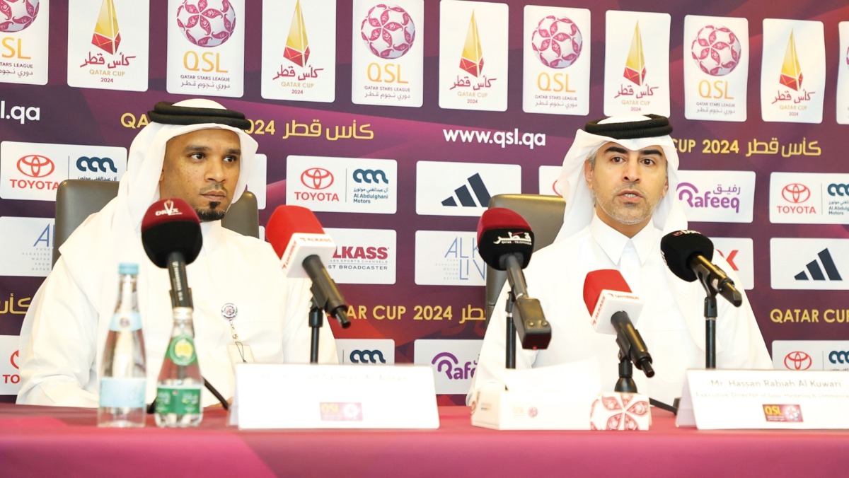 QSL Executive Director of Sales, Marketing and Communication Hassan Rabiah Al Kuwari (right) and QSL Director of Competitions Department Ahmed Salman Al Adsani during a press conference to reveal details of Qatar Cup preparations yesterday.  