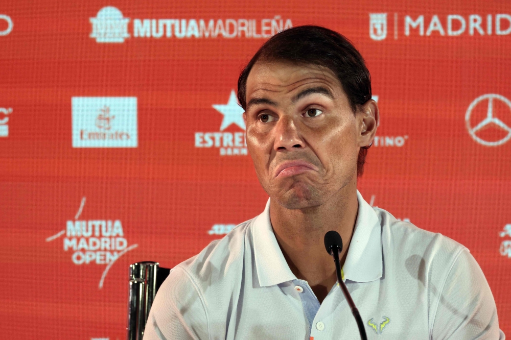 Spain's Rafael Nadal answers to journalists during a press conference ahead of the 2024 ATP Tour Madrid Open tennis tournament at Caja Magica in Madrid on April 24, 2024. (Photo by Thomas Coex / AFP)