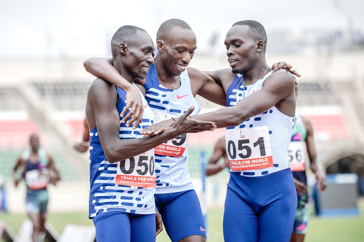 Kenya’s Timothy Cheruiyot (centre) celebrates with teammates in this file photo.