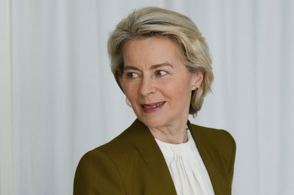 European Commission President Ursula von der Leyen arrives to give a press conference at the French representation of the European Commission in Paris on May 6, 2024. (Photo by Dimitar DILKOFF / AFP)