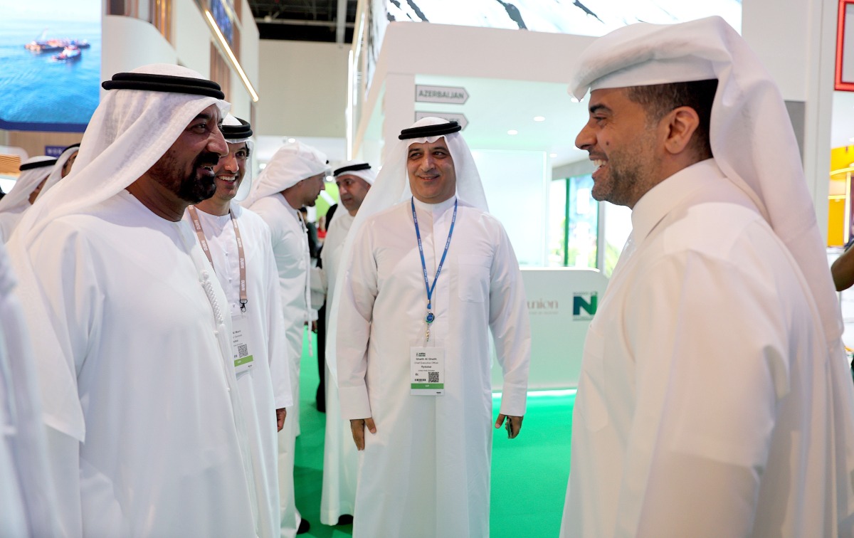HH Sheikh Ahmed bin Saeed Al Maktoum, President of Dubai Civil Aviation Authority and Chairman and Chief Executive Emirates, Airline and Group, with Qatar Airways Group Chief Executive Officer, Engr. Badr Mohammed Al-Meer, and the Chief Executive Officer of flydubai, Ghaith Al Ghaith, during the opening tour of the thirty-first edition of the Arabian Travel Market 2024.
