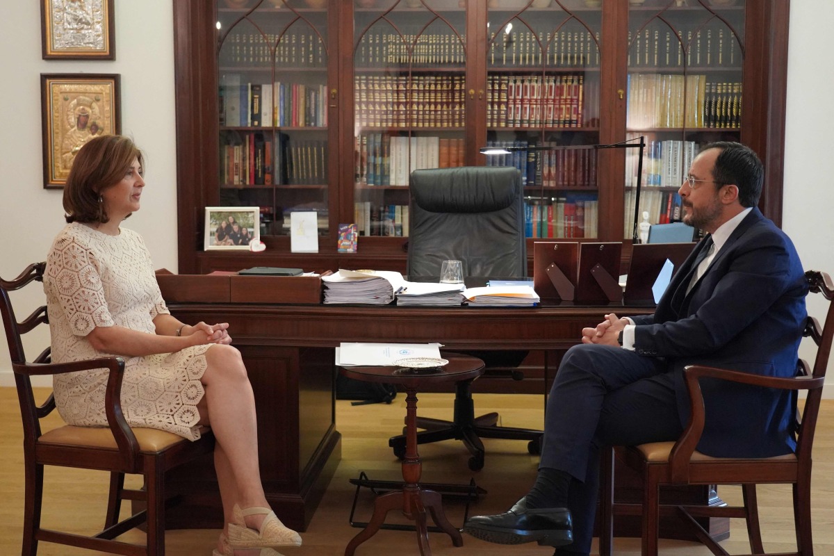 Cyprus' President Nikos Christodoulides meets with the Personal Envoy of the United Nations Secretary-General on the Cyprus problem Maria Angela Holguin at the presidential palace in Nicosia on May 8, 2024. (Photo by Etienne TORBEY / AFP)