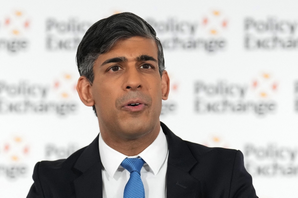 Britain's Prime Minister Rishi Sunak delivers a speech on national security at the Policy Exchange, on May 13, 2024 in London, England. Photo by Carl Court / POOL / AFP