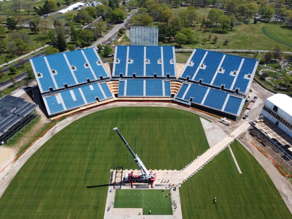 This aerial photo taken on May 1, 2024 shows the Nassau County International Cricket Stadium under construction in Eisenhower Park in East Meadow, New York, ahead of the ICC T20 World Cup 2024. Photo by Cecilia SANCHEZ / AFP
