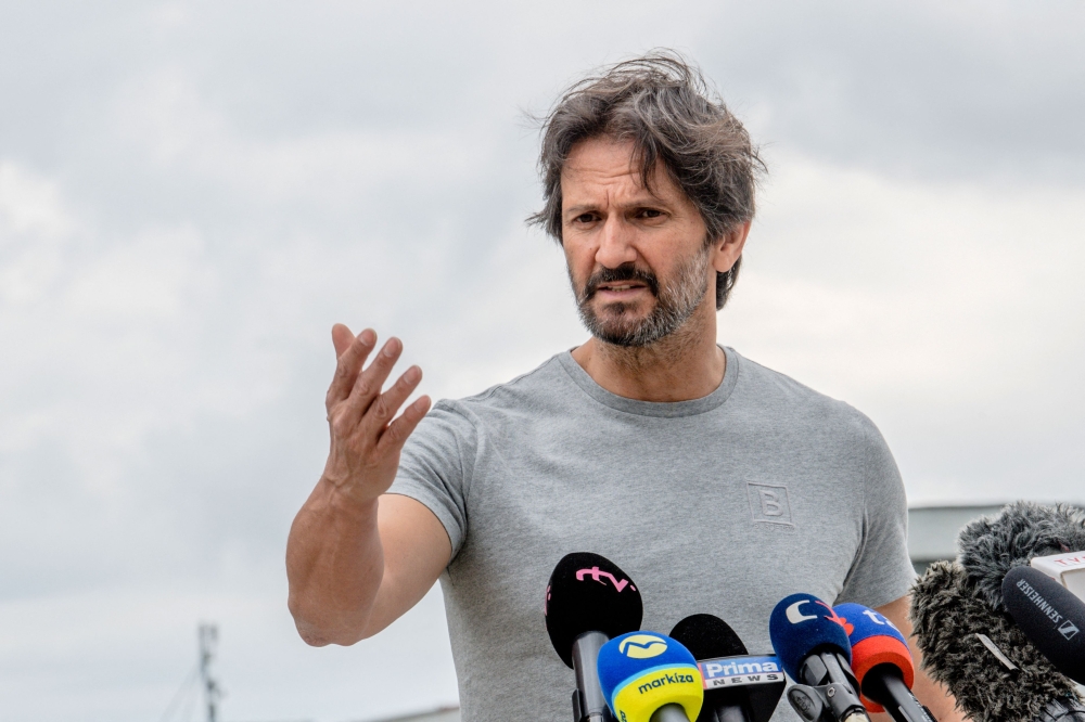 Slovak Defence Minister Robert Kalinak addresses a press conference in front of the F D Roosevelt University Hospital in Banska Bystrica, Slovakia on May 19, 2024, where Slovak Prime Minister Robert Fico is being treated after he was shot 