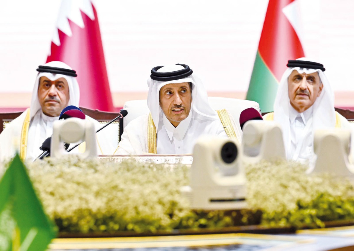 Chairman of Qatar Media Corporation H E Sheikh Hamad bin Thamer Al Thani delivering the opening speech at the 27 th meeting of Ministers of Information of the Gulf Cooperation Council (GCC) countries held in Doha yesterday.