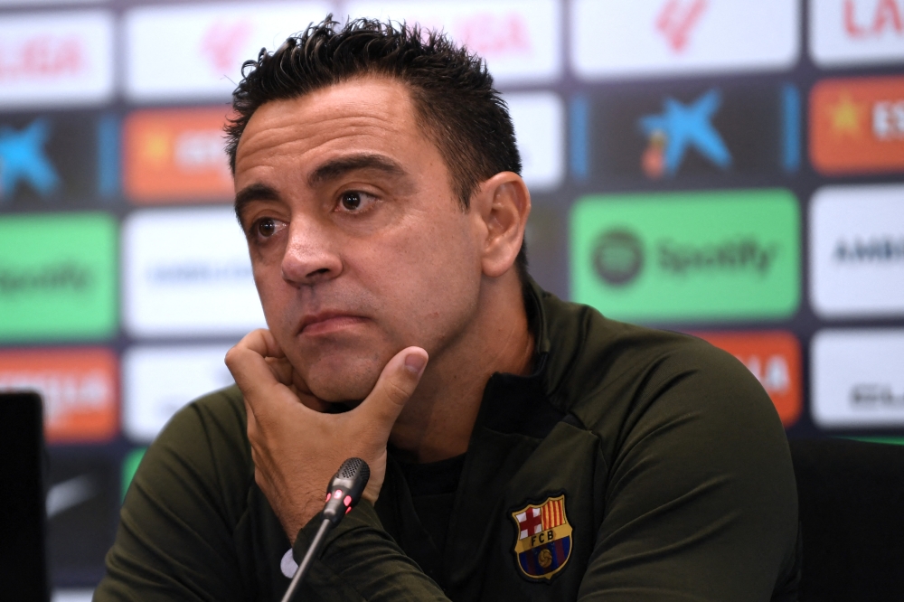 Barcelona Spanish coach Xavi holds a press conference at the Joan Gamper training ground in Sant Joan Despi, near Barcelona, on May 25, 2024. (Photo by Manaure Quintero / AFP)