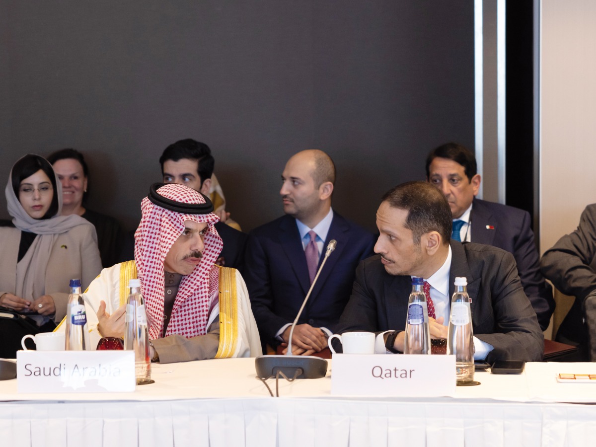 Prime Minister and Minister of Foreign Affairs H E Sheikh Mohammed bin Abdulrahman bin Jassim Al Thani and Saudi Foreign Minister H H Prince Faisal bin Farhan Al Saud during the meeting in Brussels yesterday.   