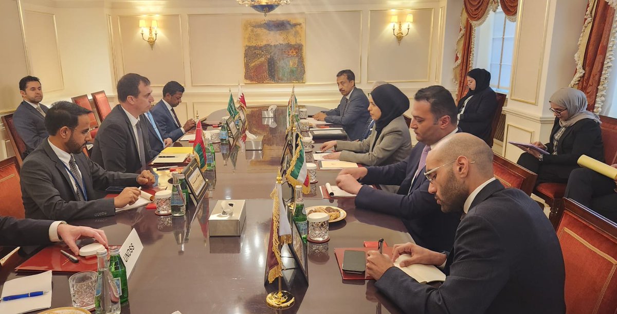 Permanent Representative of Qatar to UN, H E Sheikha Alya Ahmed bin Saif Al Thani and envoys to UN from GCC countries meeting UN Under-Secretary-General for Safety and Security H E Gilles Michaud.