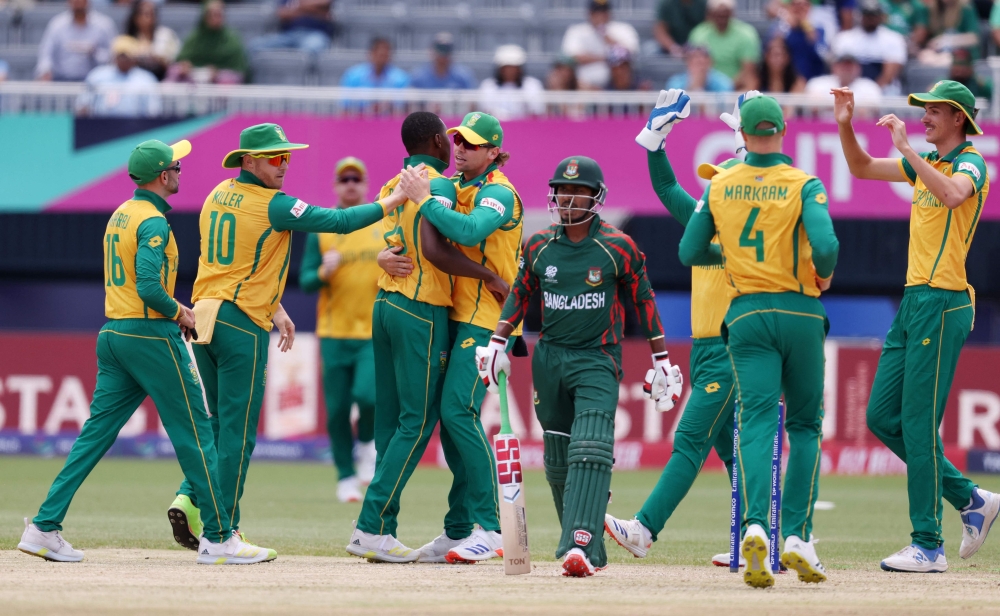Kagiso Rabada of South Africa celebrates after dismissing Tanzid Hasan of Bangladesh during the ICC Men's T20 Cricket World Cup West Indies & USA 2024 match between South Africa and Bangladesh at Nassau County International Cricket Stadium on June 10, 2024 in New York, New York. (Photo by Robert Cianflone/Getty Images via AFP)

