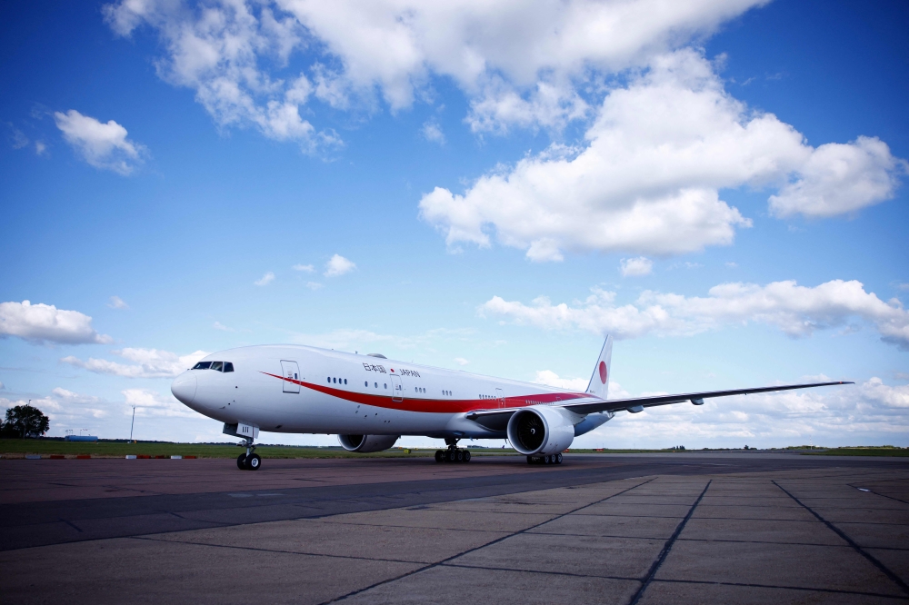 A plane carrying Japan's Emperor Naruhito and Empress Masako lands at Stansted Airport, northeast of London, on June 22, 2024. (Photo by BENJAMIN CREMEL / AFP)
