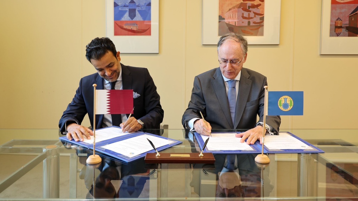 Officials at the ceremony where Qatar made a voluntary contribution to the Organisation for the Prohibition of Chemical Weapons.