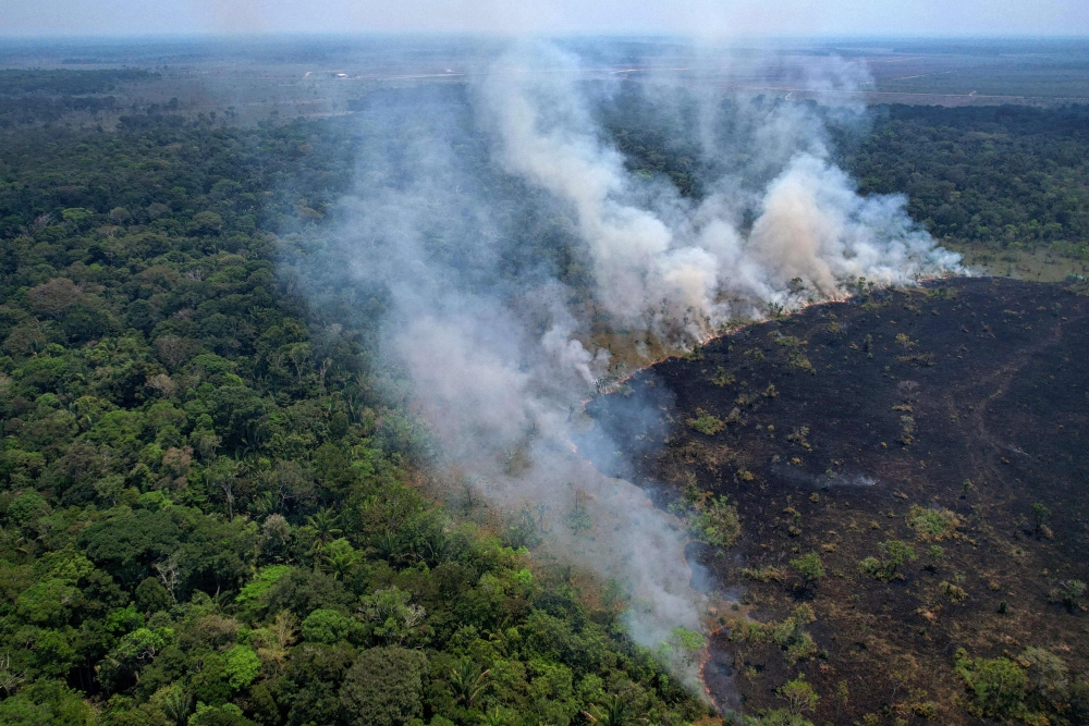 (Files) Aerial view of a burnt area in the Amazon rainforest, near the Lago do Cunia Extractive Reserve, on the border of the states of Rondonia and Amazonas, on August 31, 2022. (Photo by Douglas Magno / AFP)