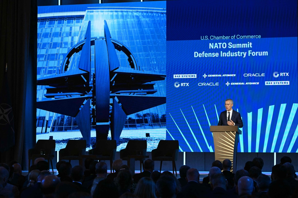 NATO Secretary General Jens Stoltenberg addresses the US Chamber of Commerce in Washington, DC, on July 9, 2024. (Photo by Drew Angerer / AFP)

