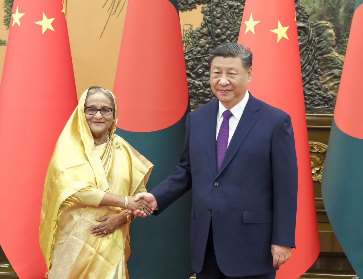 Chinese President Xi Jinping meets with Prime Minister Sheikh Hasina of the People's Republic of Bangladesh at the Great Hall of the People in Beijing, capital of China, July 10, 2024. (Xinhua/Ding Lin)
