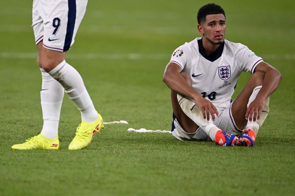 England's midfielder Jude Bellingham reacts after the UEFA Euro 2024 final football match between Spain and England at the Olympiastadion in Berlin on July 14, 2024. (Photo by Kirill Kudryavtsev / AFP)