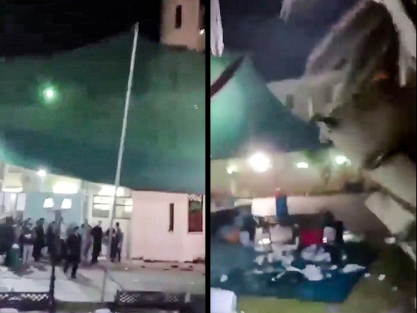 Collage of image grabs from a UGC video taken on July 16, 2024 shows shows people fleeing the scene of a shooting at the Imam Ali Mosque in the Al-Wadi Al-Kabir area in the east of Oman's capital Muscat. (Photo by UGC / AFP) 
