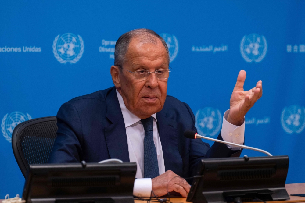 Sergey Lavrov, Minister for Foreign Affairs of the Russian Federation, holds a press briefing at the United Nations headquarters on July 17, 2024 in New York City. (Photo by Adam Gray / GETTY IMAGES NORTH AMERICA / Getty Images via AFP)
