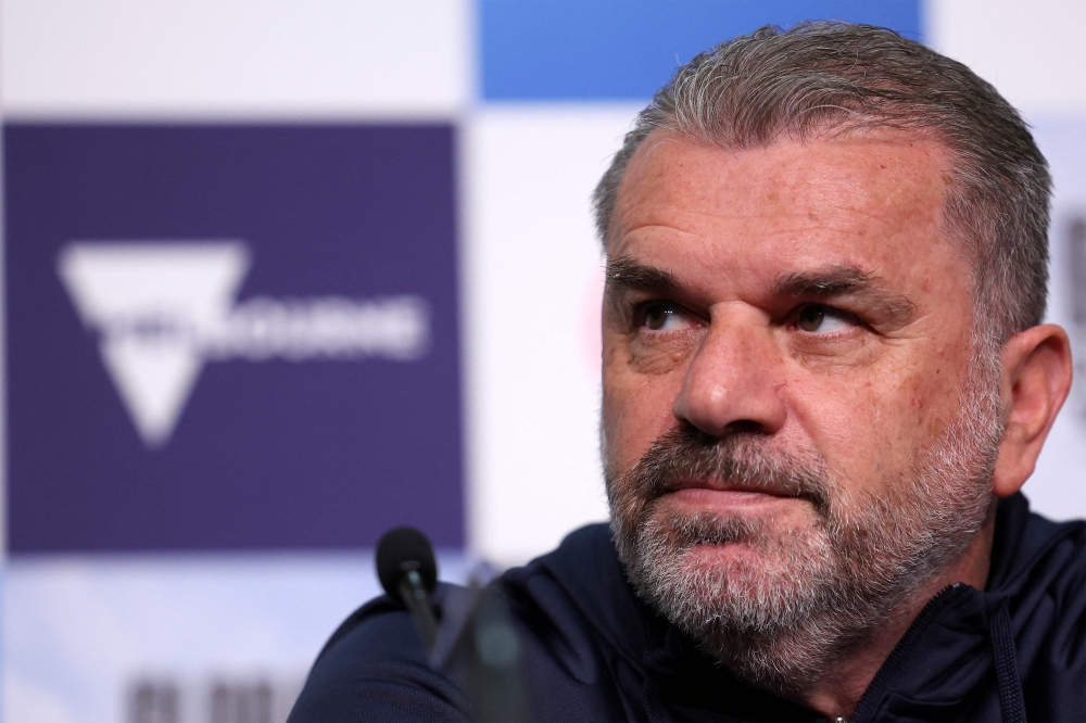 Tottenham Hotspurs' Head Coach Ange Postecoglou attends a press conference at AAMI Park in Melbourne on May 21, 2024, ahead of their friendly match against Newcastle United. (Photo by Martin KEEP / AFP)


