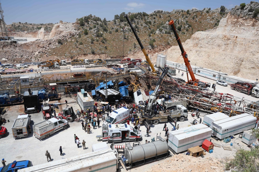 This handout photograph taken and released on July 21, 2024 by Turkish news agency DHA (Demiroren News Agency) shows a general view of the site of an accident in the Gabar Mountain drilling field in Sirnak. Photo by Handout / DHA (Demiroren News Agency) / AFP