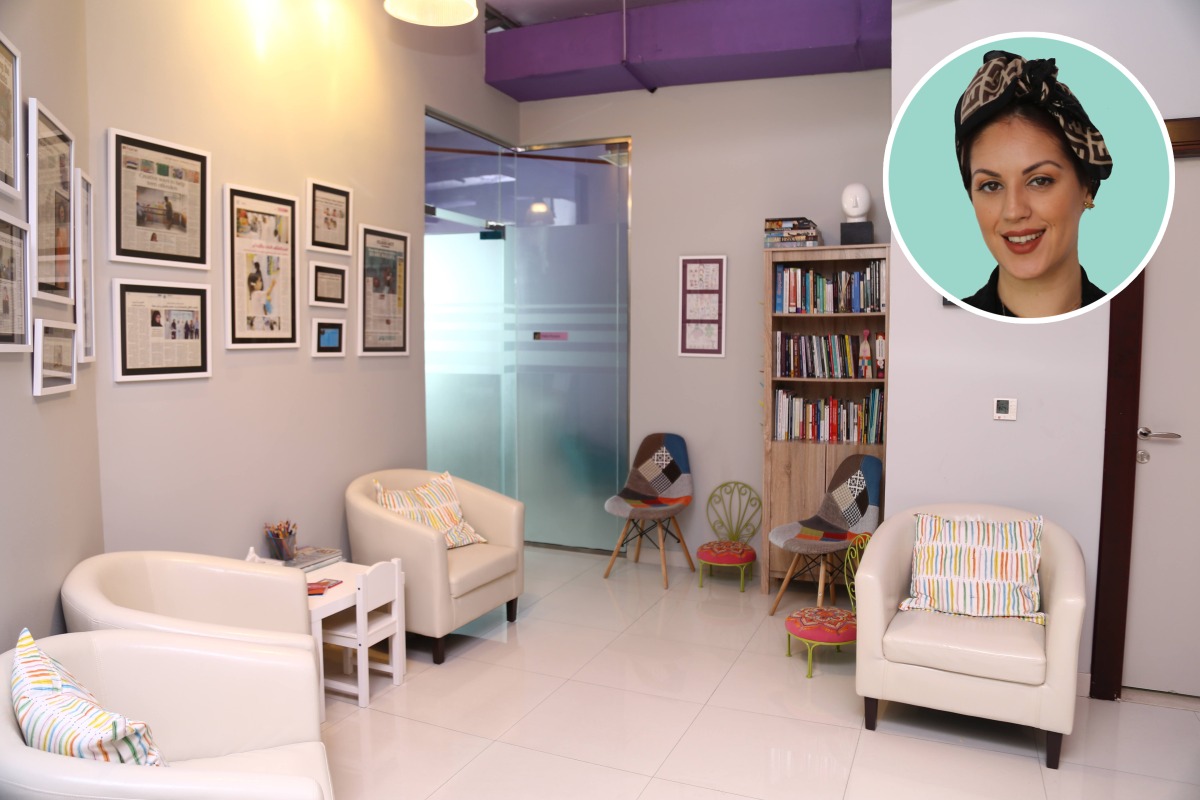 Picture of the community driven center, ATIC. Inset: Alumna of Virginia Commonwealth University School of the Arts in Qatar Sara Powell