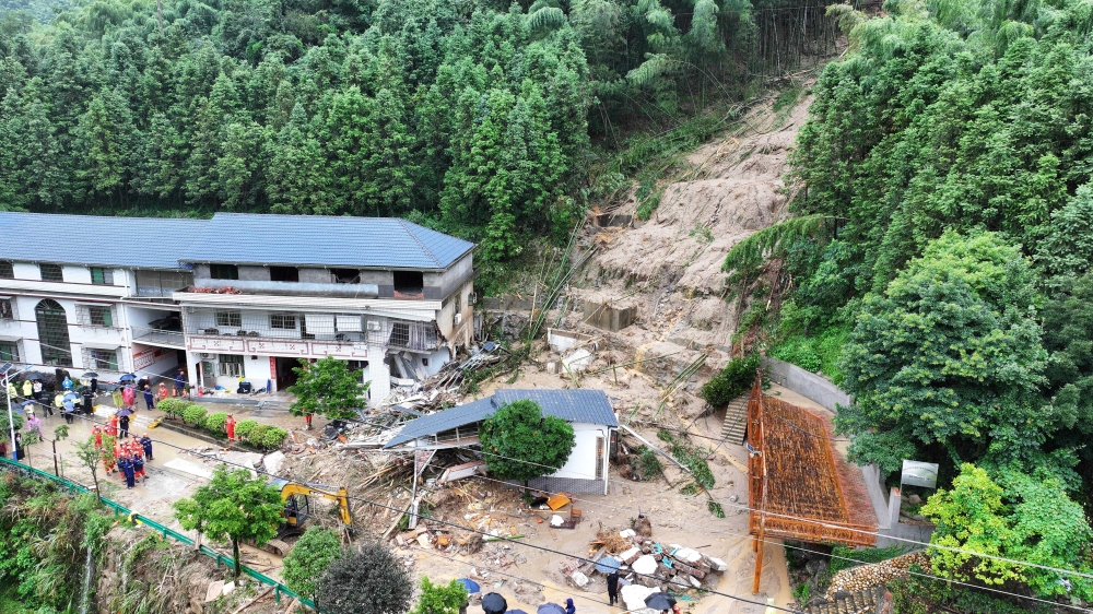 An aerial drone photo taken on July 28, 2024 shows the landslide site in Yuelin Village of Shouyue Town in Hengyang City, central China's Hunan Province. Xinhua/Chen Zhenhai