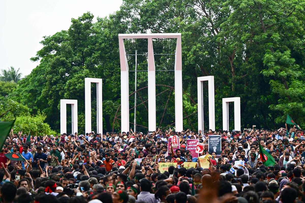 Anti-Discrimination Student Movement held a rally at Central Shaheed Minar in Dhaka on August 3, 2024, to demand justice for the victims killed in the recent countrywide violence during anti-quota protests.(Photo by Munir UZ ZAMAN / AFP)

