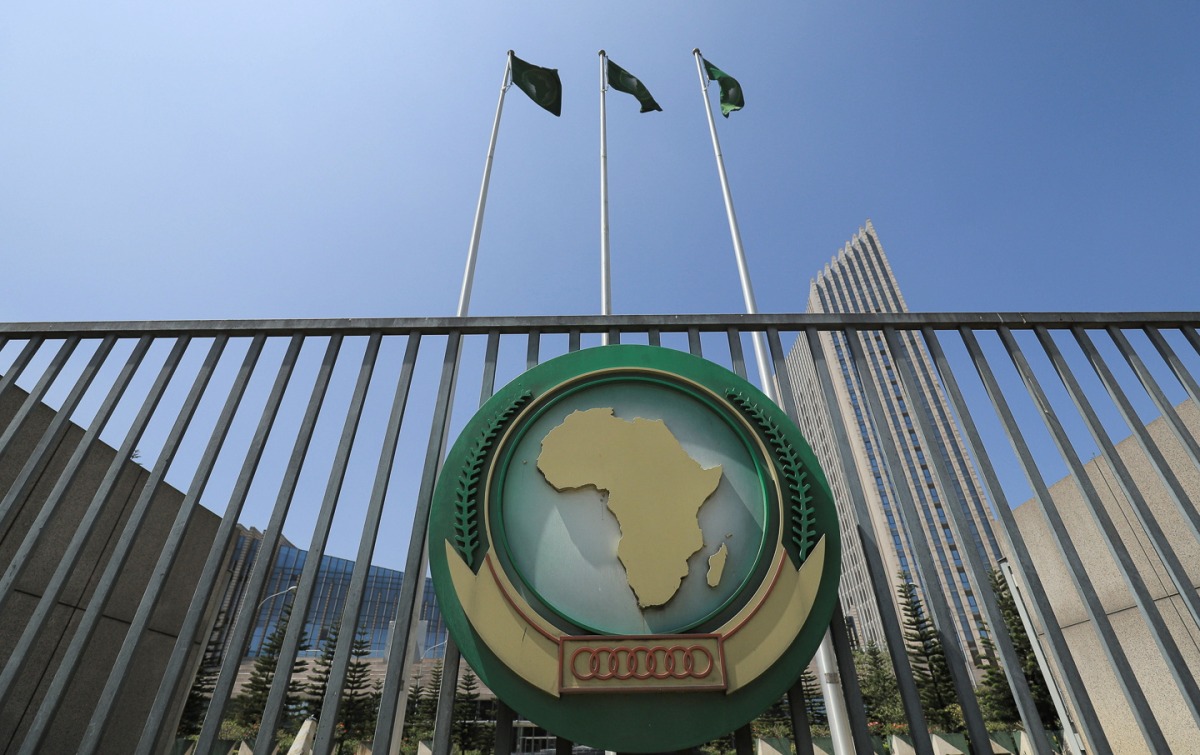 File: The African Union logo is seen outside the AU headquarters building in Addis Ababa, Ethiopia, on November 8, 2021.

