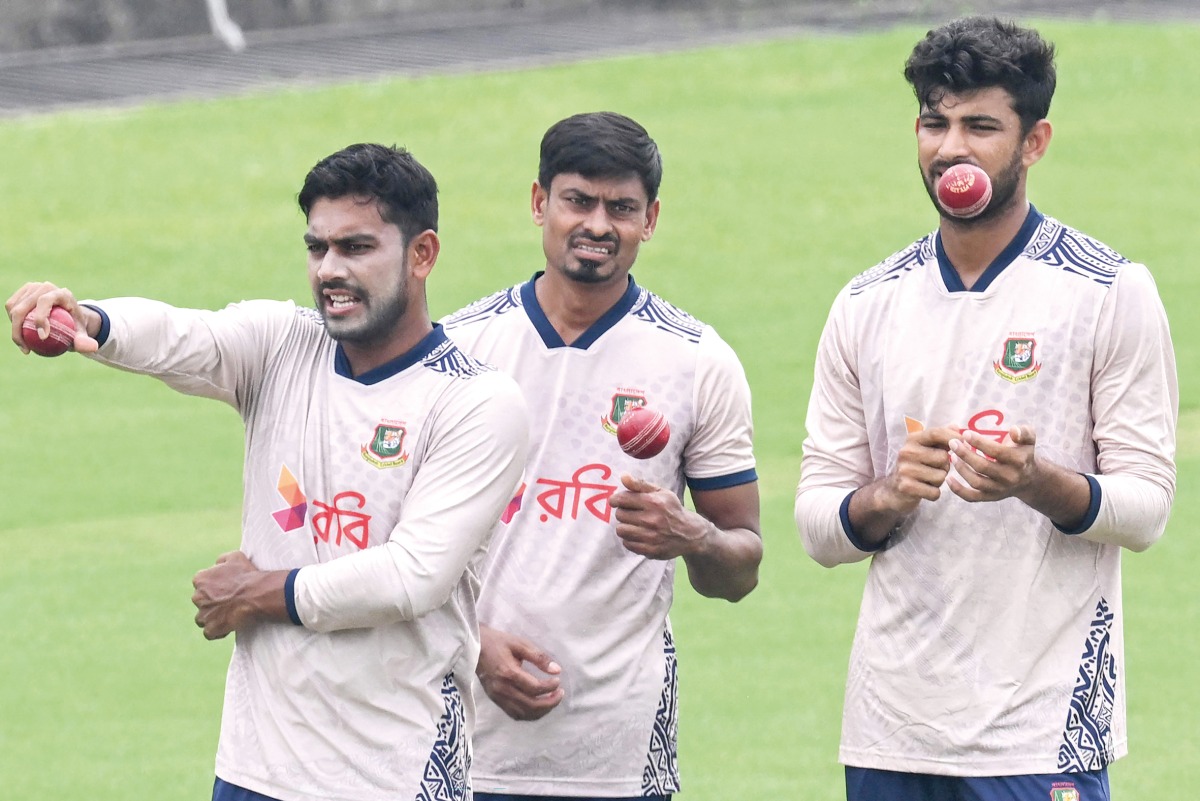 Bangladesh’s Nayeem Hasan (right), Taijul Islam (centre) and Mehidy Hasan Miraz attend team's training session.