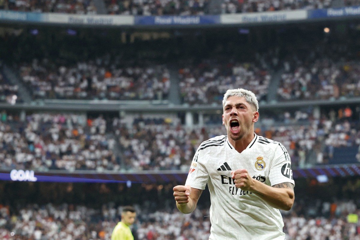 Real Madrid’s Federico Valverde celebrates after scoring the opening goal.