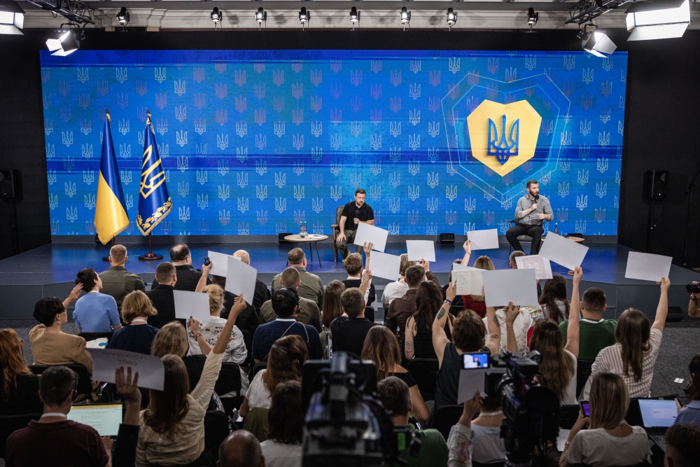 Ukraine's President Volodymyr Zelensky takes questions at a news conference on Tuesday in Kyiv. (Phot by Ed Ram for The Washington Post)