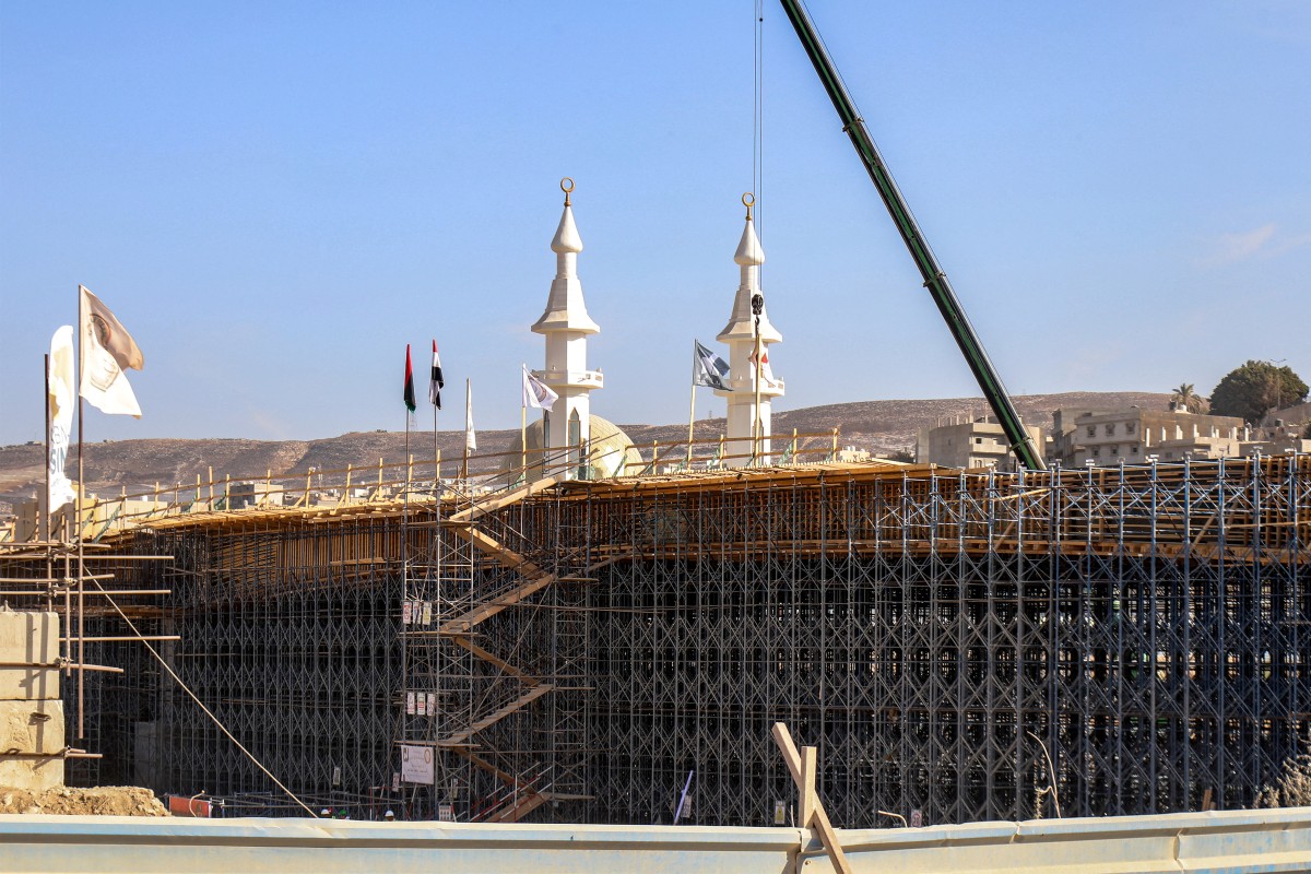 This overview shows ongoing construction work on a bridge in Libya's eastern coastal city of Derna on September 9, 2024. Photo by Khaled Nasraoui / AFP.