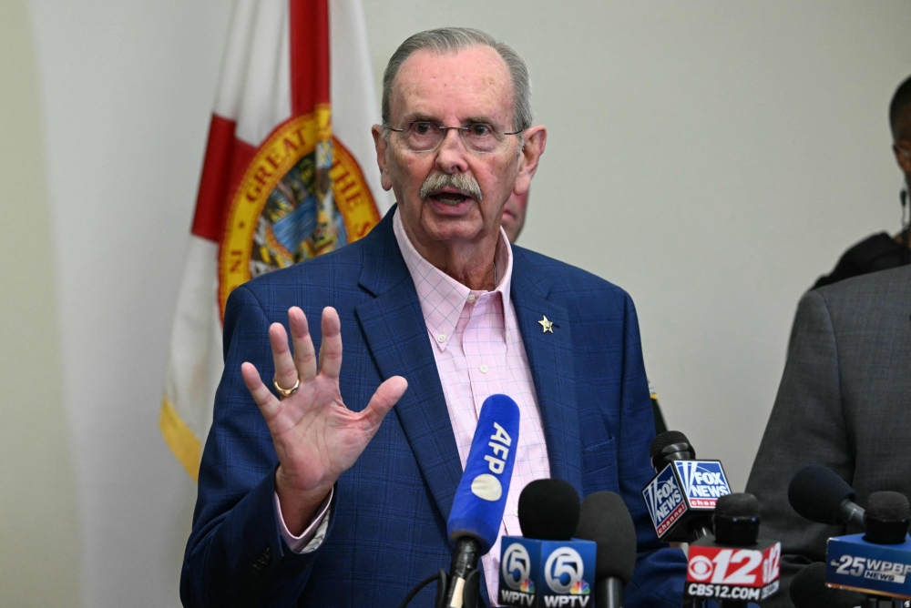 Palm Beach County Sherrif Ric Bradshaw speaks at a press conference in West Palm Beach, Florida, on September 15, 2024. (Photo by Chandan Khanna / AFP)