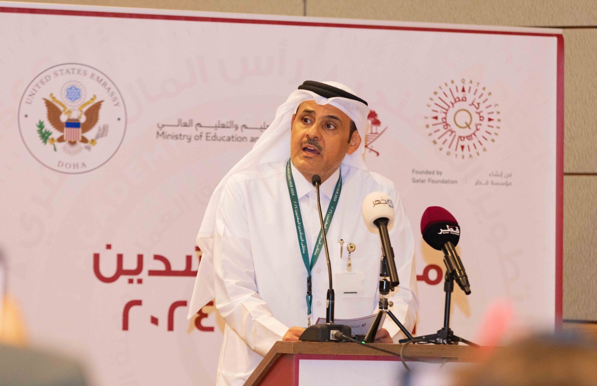 Director of QCDC Abdulla Ahmed Al Mansoori addressing the opening of 2024 Career Counselors Hub at Education City yesterday.