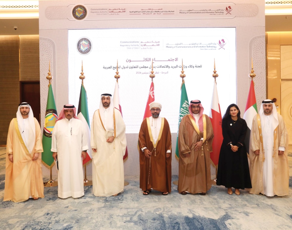 President of the Communications Regulatory Authority Engineer Ahmad Abdulla AlMuslemani (third left) and other dignitaries participating in the meeting. 