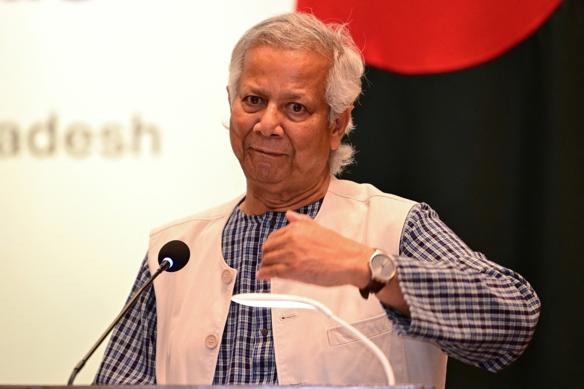 Bangladesh's Chief Adviser of the interim Government Muhammad Yunus speaks during a joint press conference with Anwar Ibrahim, Prime Minister of Malaysia, in Dhaka on October 4, 2024. (Photo by Munir Uz Zaman / AFP)
