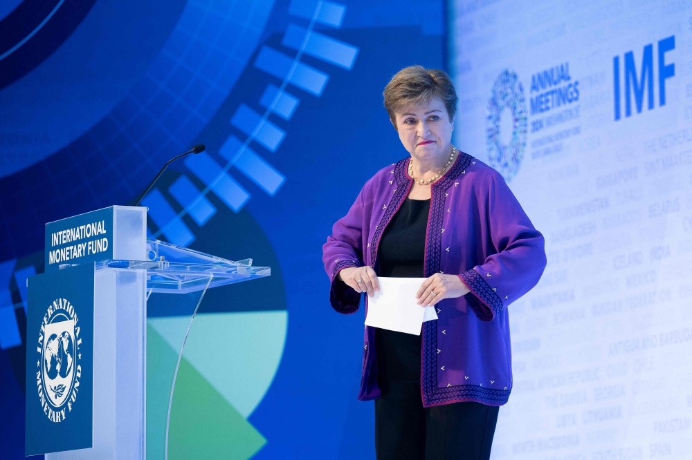 International Monetary Fund managing director Kristalina Georgieva departs after delivering a curtain raiser speech on the outlook for the global economy and policy priorities ahead of the 2024 Annual Meetings of the IMF and the World Bank Group in Washington, DC, October 17, 2024. (Photo by Brendan Smialowski / AFP)
