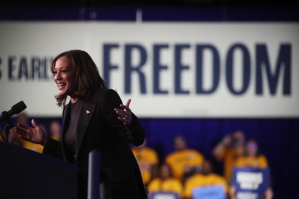 Democratic presidential nominee, Vice President Kamala Harris, campaigns in Michigan, a key battleground state, on October 18, 2024 in Waterford, Michigan. Spencer Platt/Getty Images/AFP