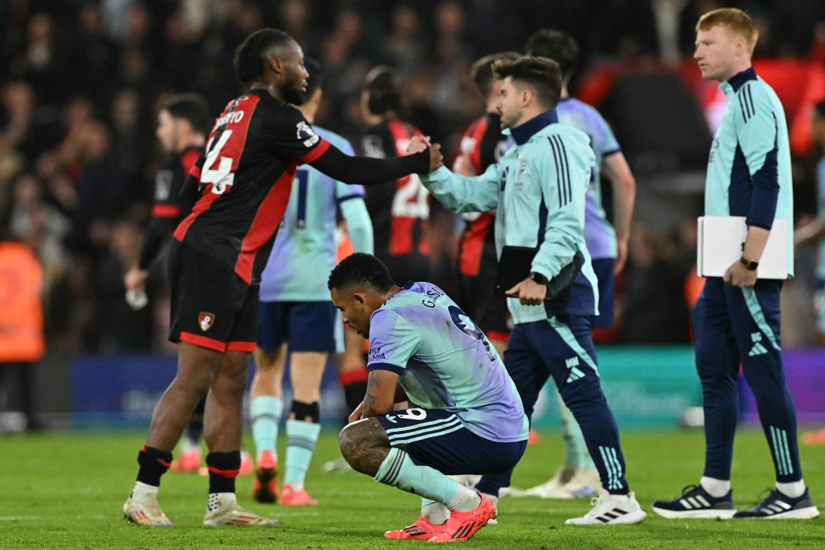 Arsenal's Brazilian striker #09 Gabriel Jesus reacts after the English Premier League football match between Bournemouth and Arsenal at the Vitality Stadium in Bournemouth, southern England on October 19, 2024. Bournemouth beat Arsenal 2-0. (Photo by Glyn KIRK / AFP)