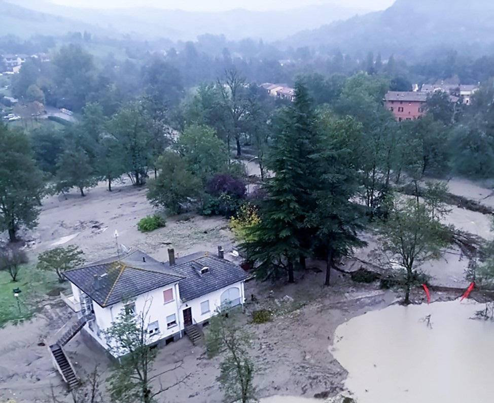 This handout photograph taken and released by the Vigili del Fuoco, the Italian Corps of Firefighters, on October 20, 2024, shows an aerial view of the flooded area near the city of Bologna. Italy's northeastern Emilia-Romagna region was again partially under water on October 20, 2024. Photo by Handout / Vigili del Fuoco / AFP.